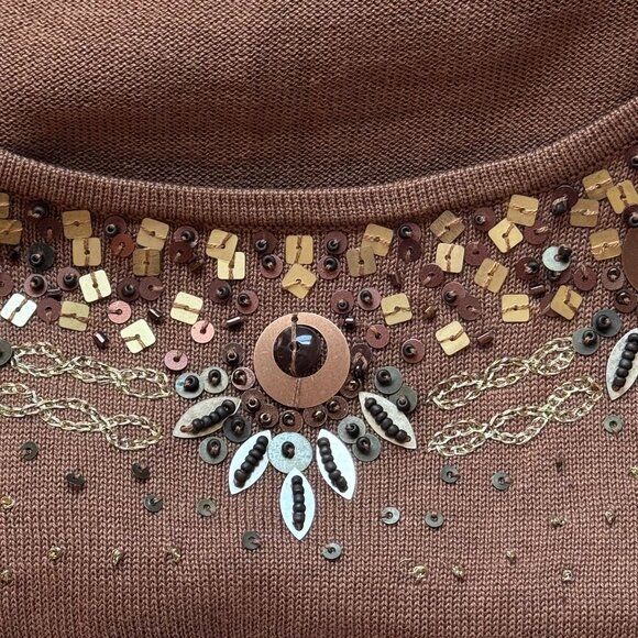 Coldwater Creek Beaded Top Washable Silk Sleeveless Chestnut Brown  Size  XL - Picture 3 of 6
